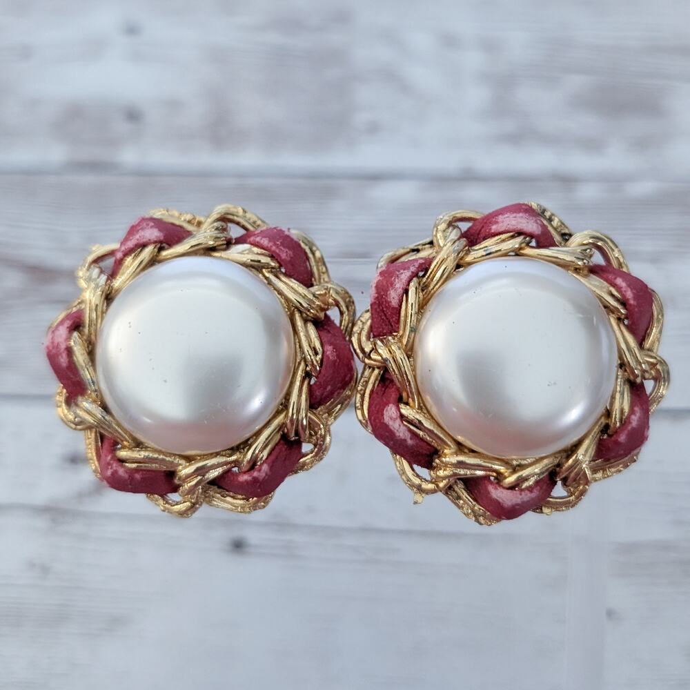 Vintage Clip On Earrings Gold Tone/Faux Pearl/Red Extra Large - Condition Issues